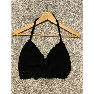 Vintage Womens Crop Top One Size Black Crochet Strappy Sheer Backless Boho Y2K